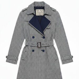 Jack Wills Womens Houndstooth Trench Coat Navy Blue White US 0